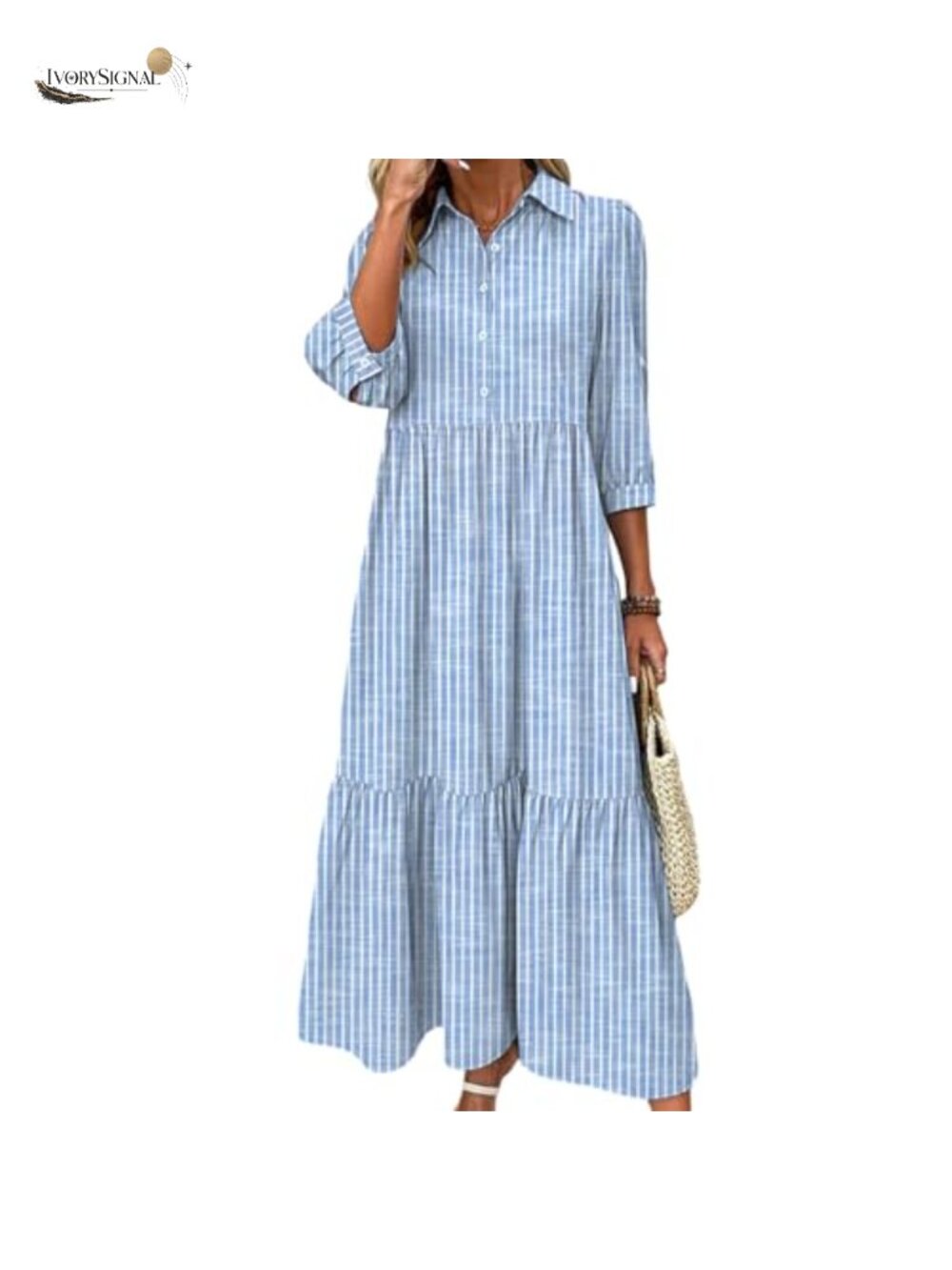 Womens Striped Tiered Maxi Dress 3/4 Sleeve Button Down Shirt Dress